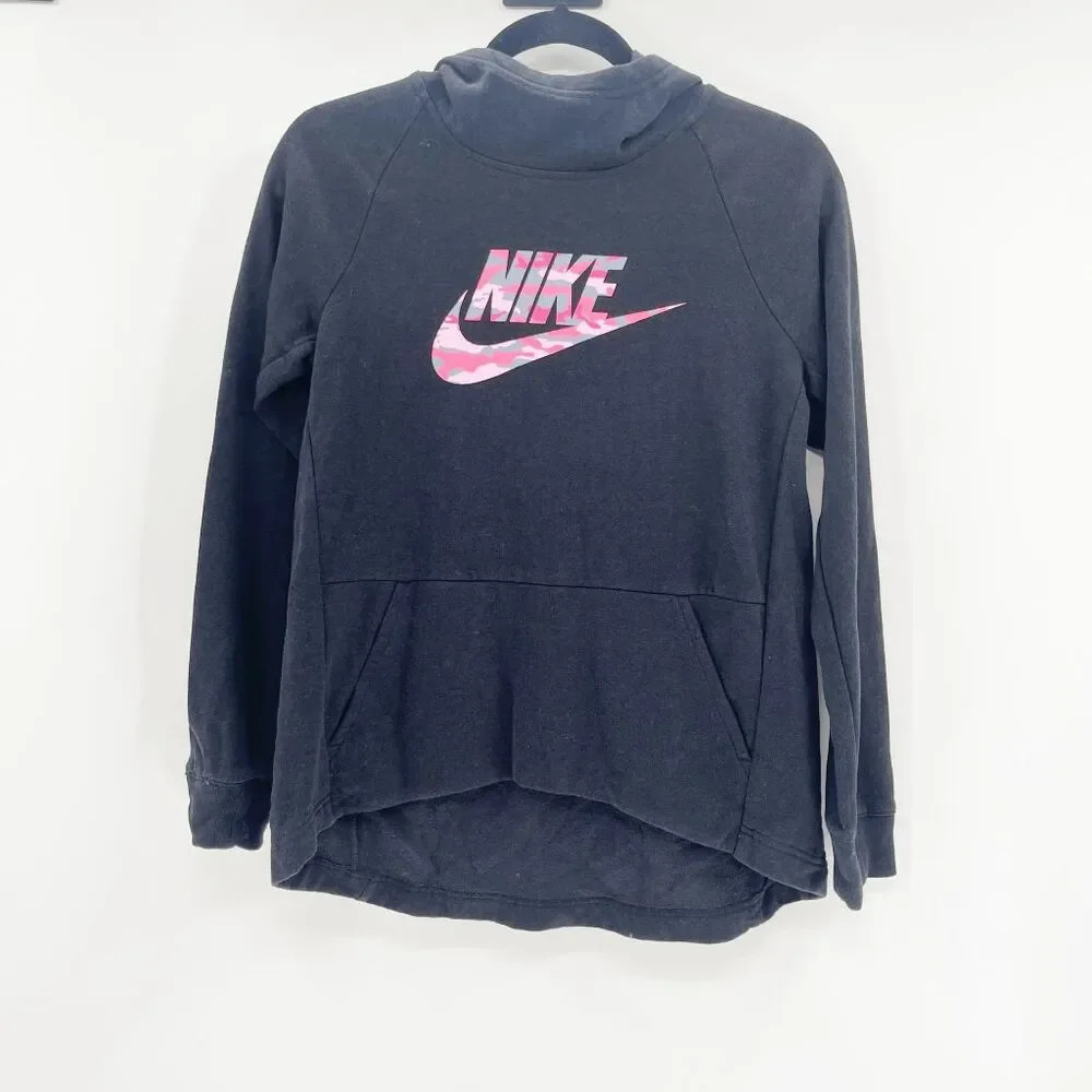 Nike Camo Pink Logo Hooded Sweatshirt Girls Kids Size L Black Oversized Pullover